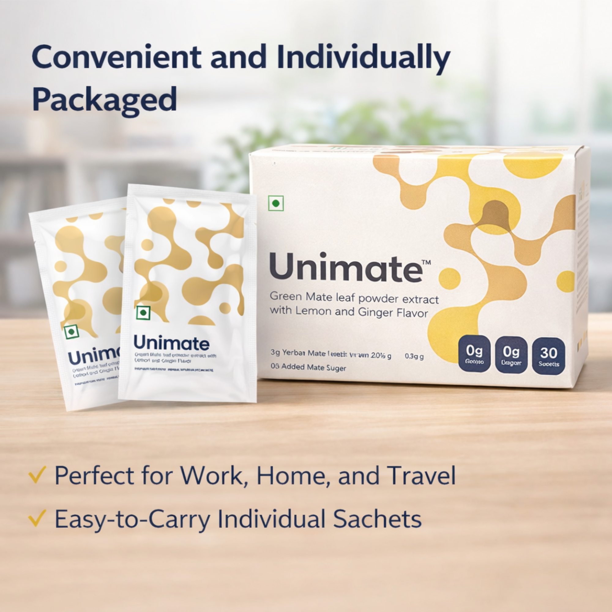 Unicity Unimate Green Mate Leaf Extract Sachets 30 Sachets Box Yerba Mate Lemon Ginger Extract Adult Daily Use Pack