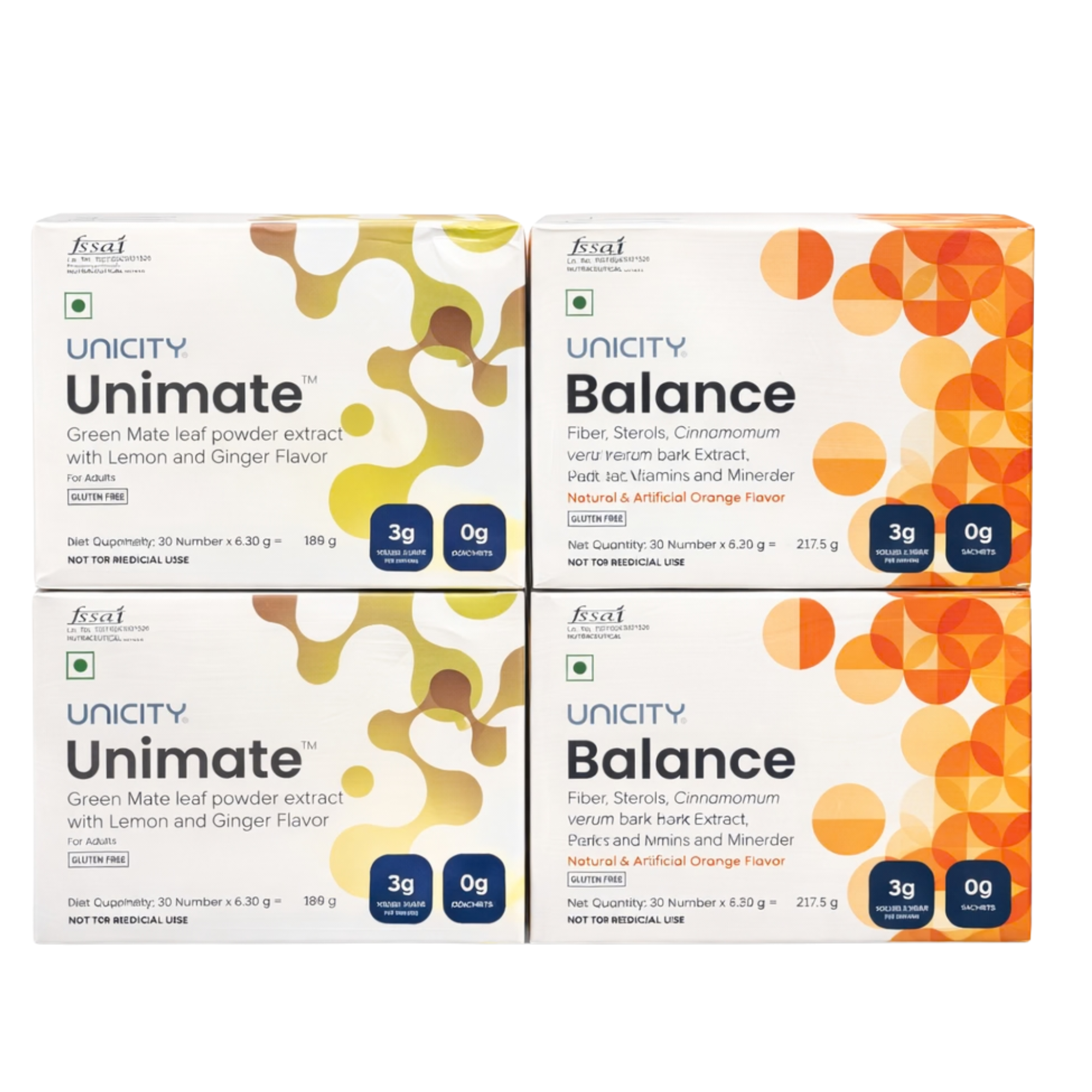 Unicity Balance and Unimate Combo Pack 2 Balance Boxes and 2 Unimate Boxes 30 Sachets Each Fiber Sterols Yerba Mate Extract Vitamins Minerals Adult Nutrition Support Pack